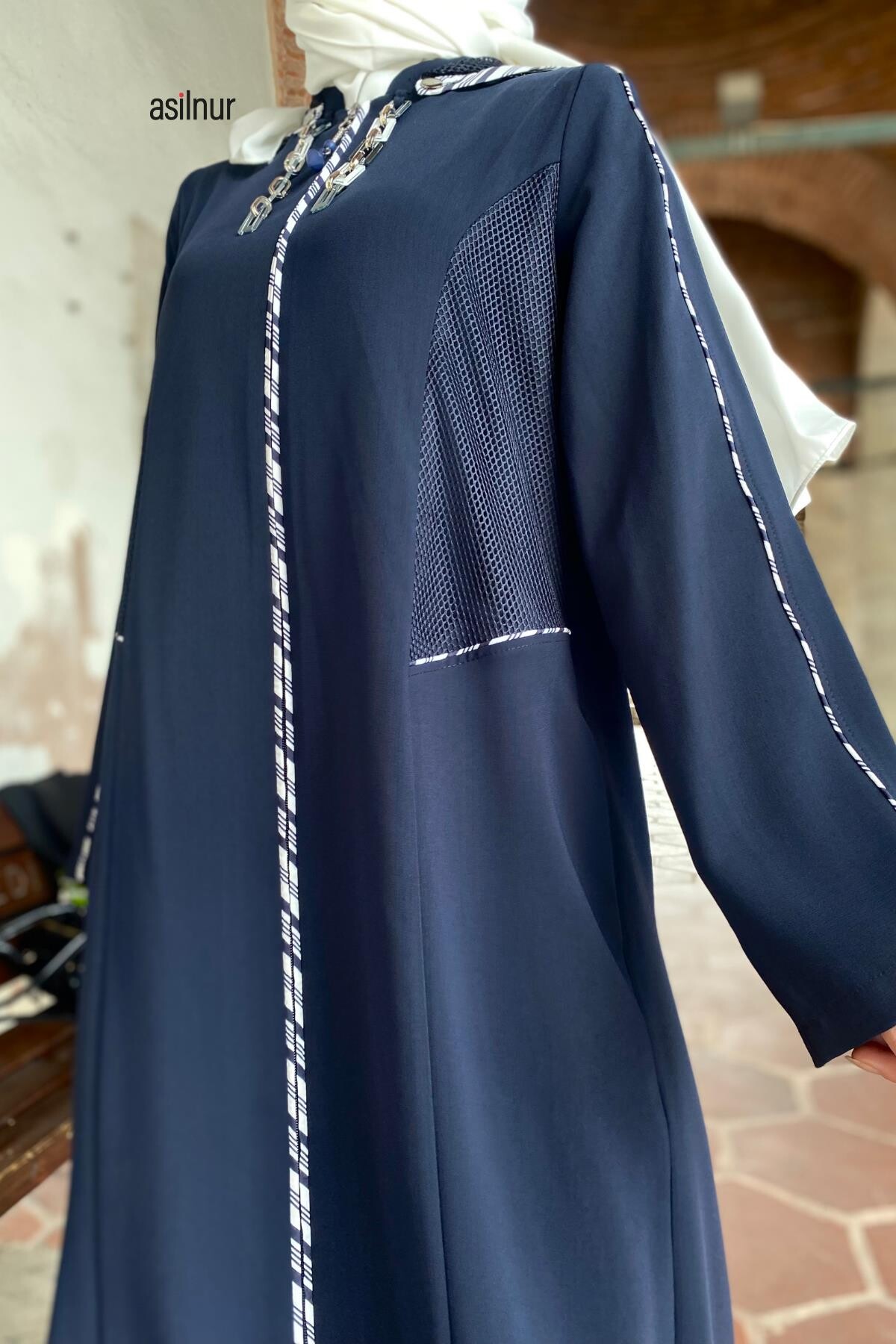 Neva Kapşonlu Fileli Ferace Lacivert - 5