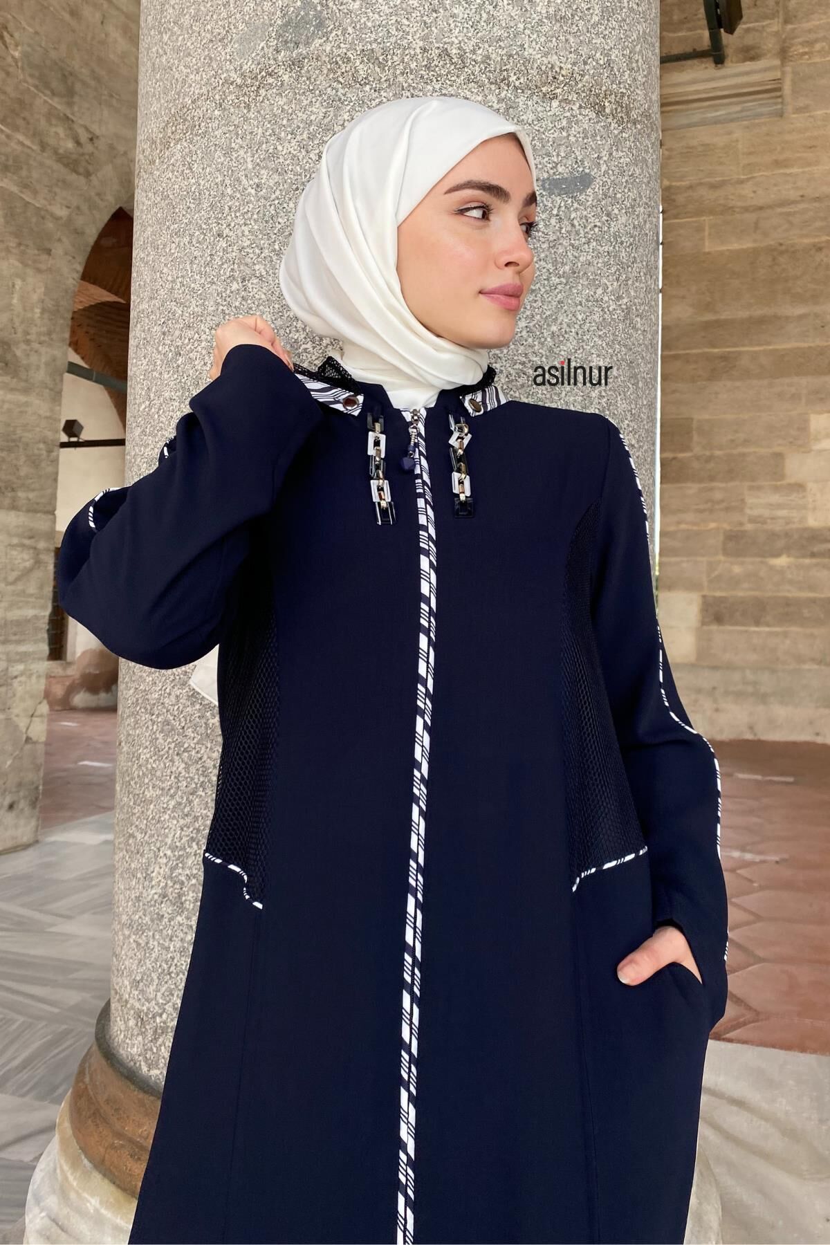 Neva Kapşonlu Fileli Ferace Lacivert - 6