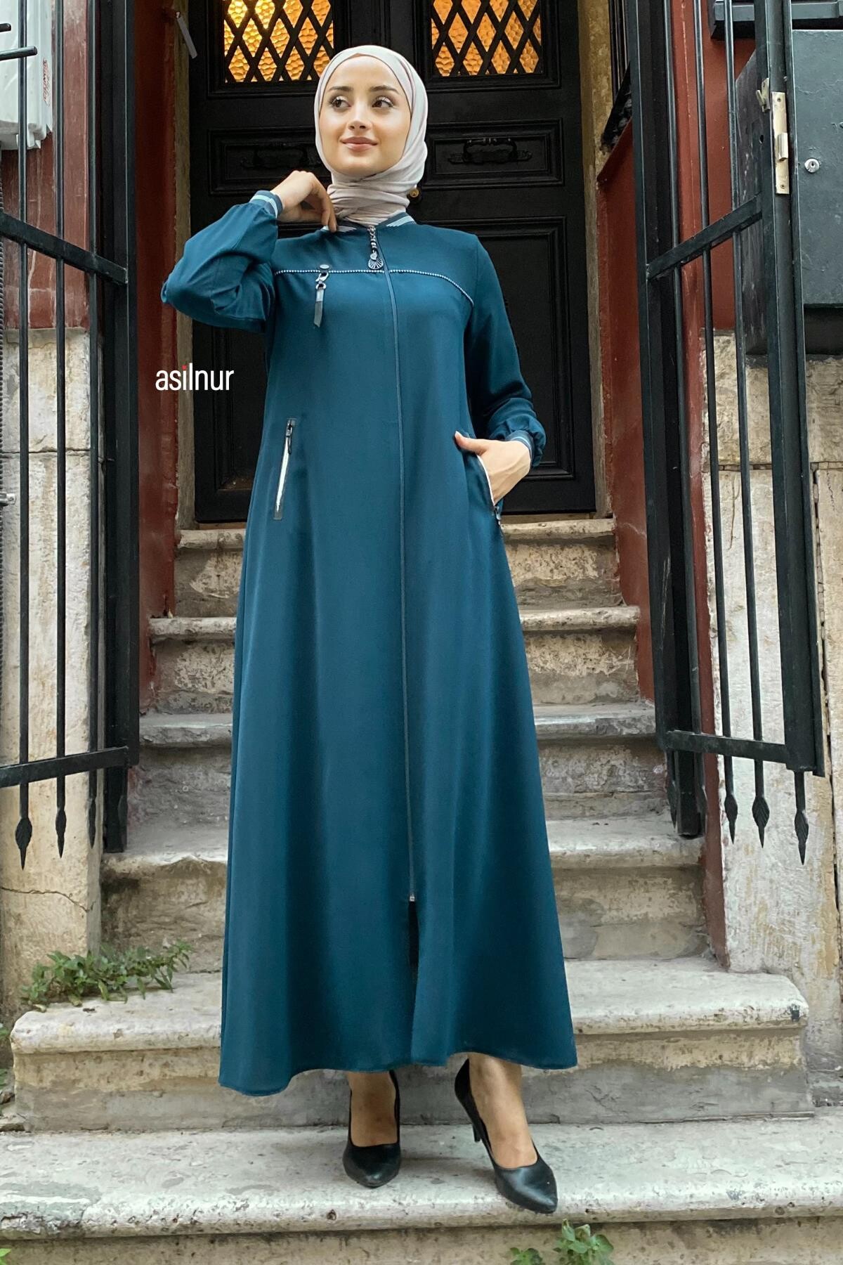 Nida Ribanalı Ferace Petrol Mavisi - ASİLNUR