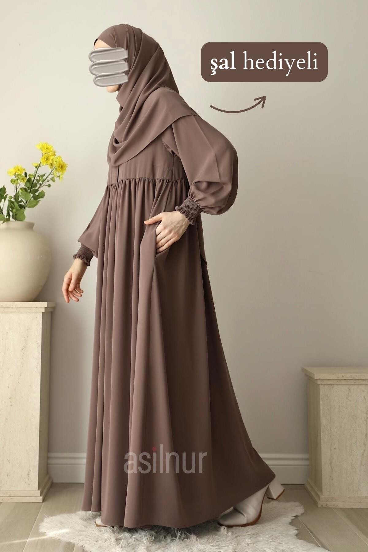 Nisa Ferace Şal Hediyeli Takım Vizon - 3