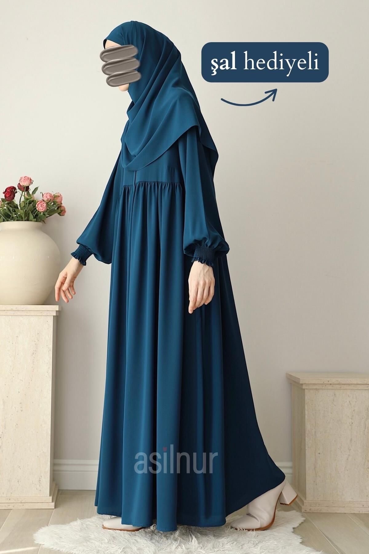 Nisa Ferace Şal Hediyeli Takım Petrol Mavisi - 3