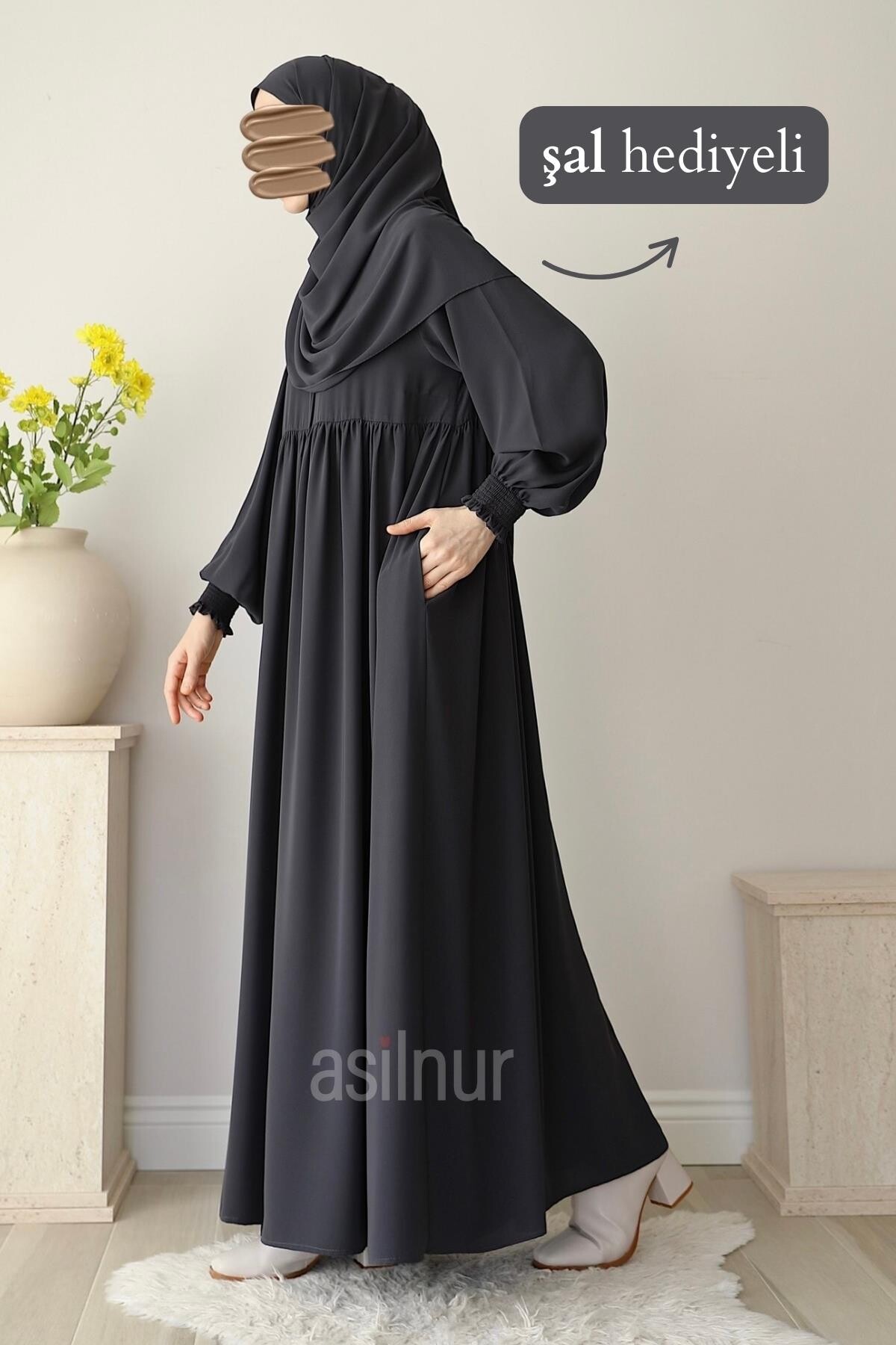 Nisa Ferace Şal Hediyeli Takım Füme - 3