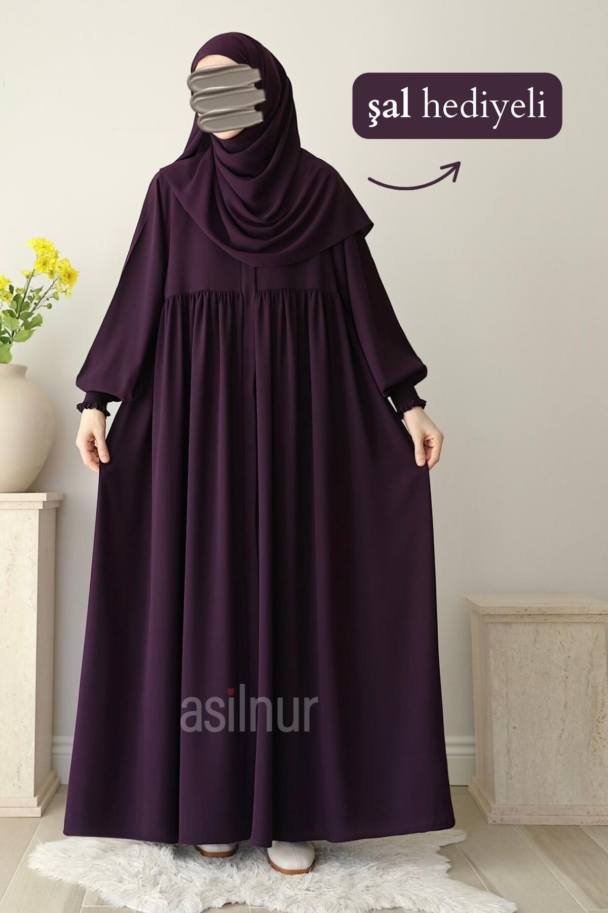 Nisa Ferace Şal Hediyeli Takım Mürdüm - ASİLNUR