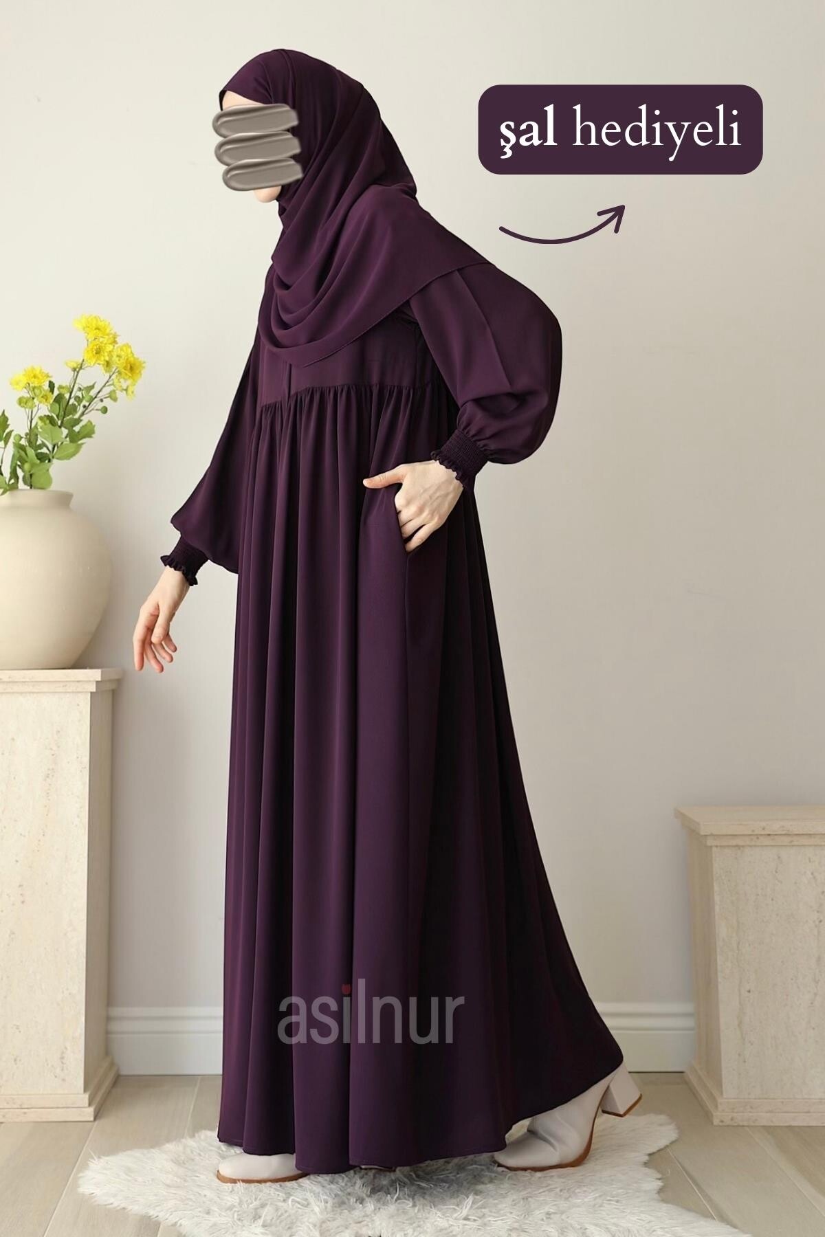 Nisa Ferace Şal Hediyeli Takım Mürdüm - 3