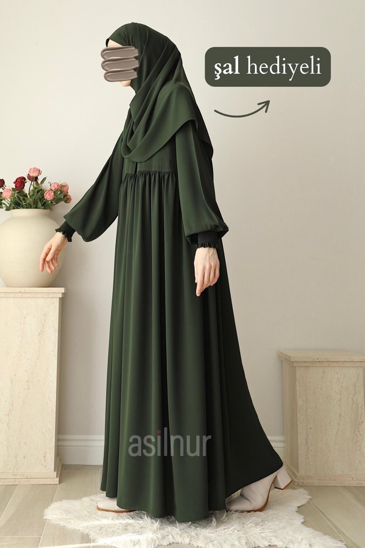 Nisa Ferace Şal Hediyeli Takım Haki - 3