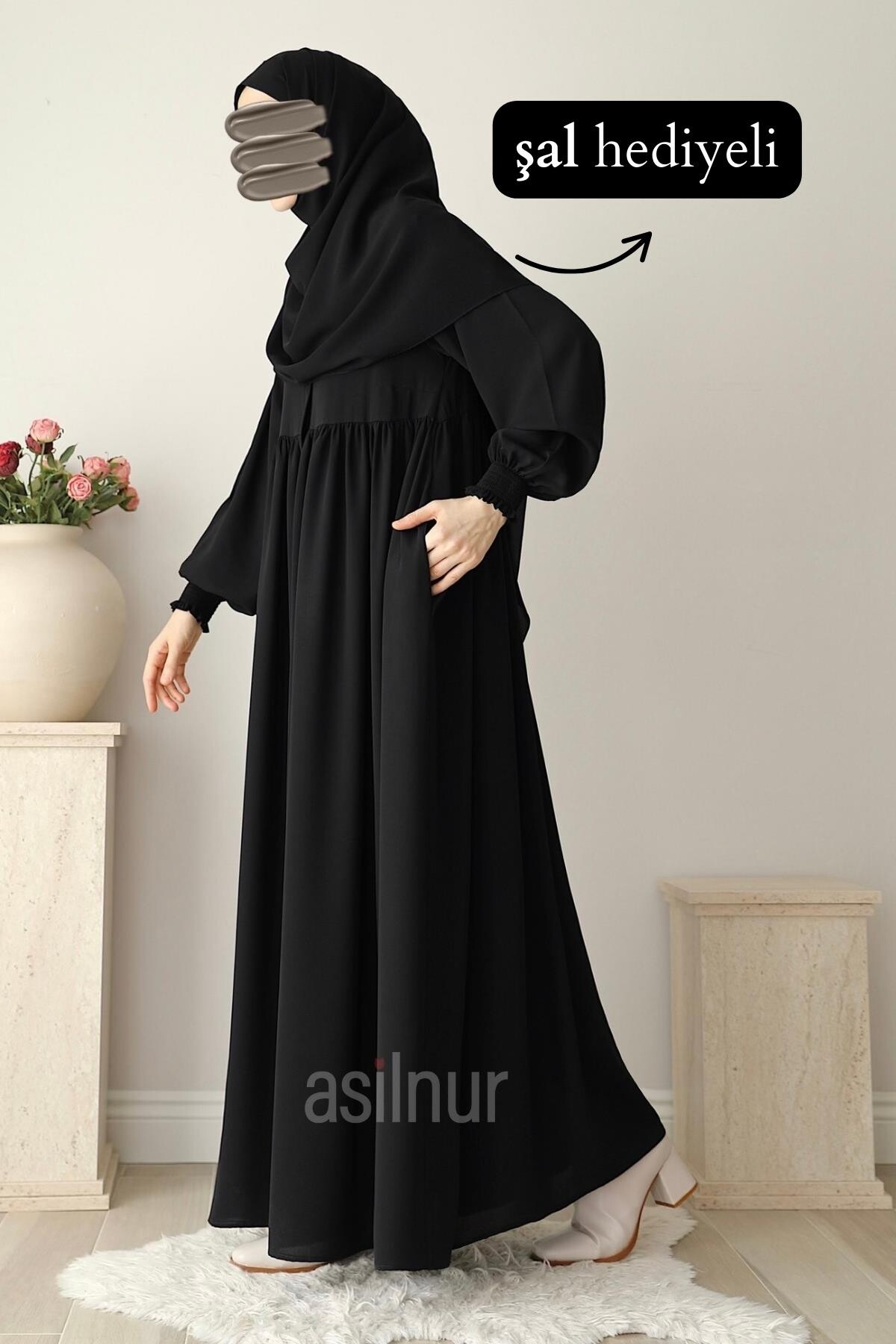 Nisa Ferace Şal Hediyeli Takım Siyah - 3