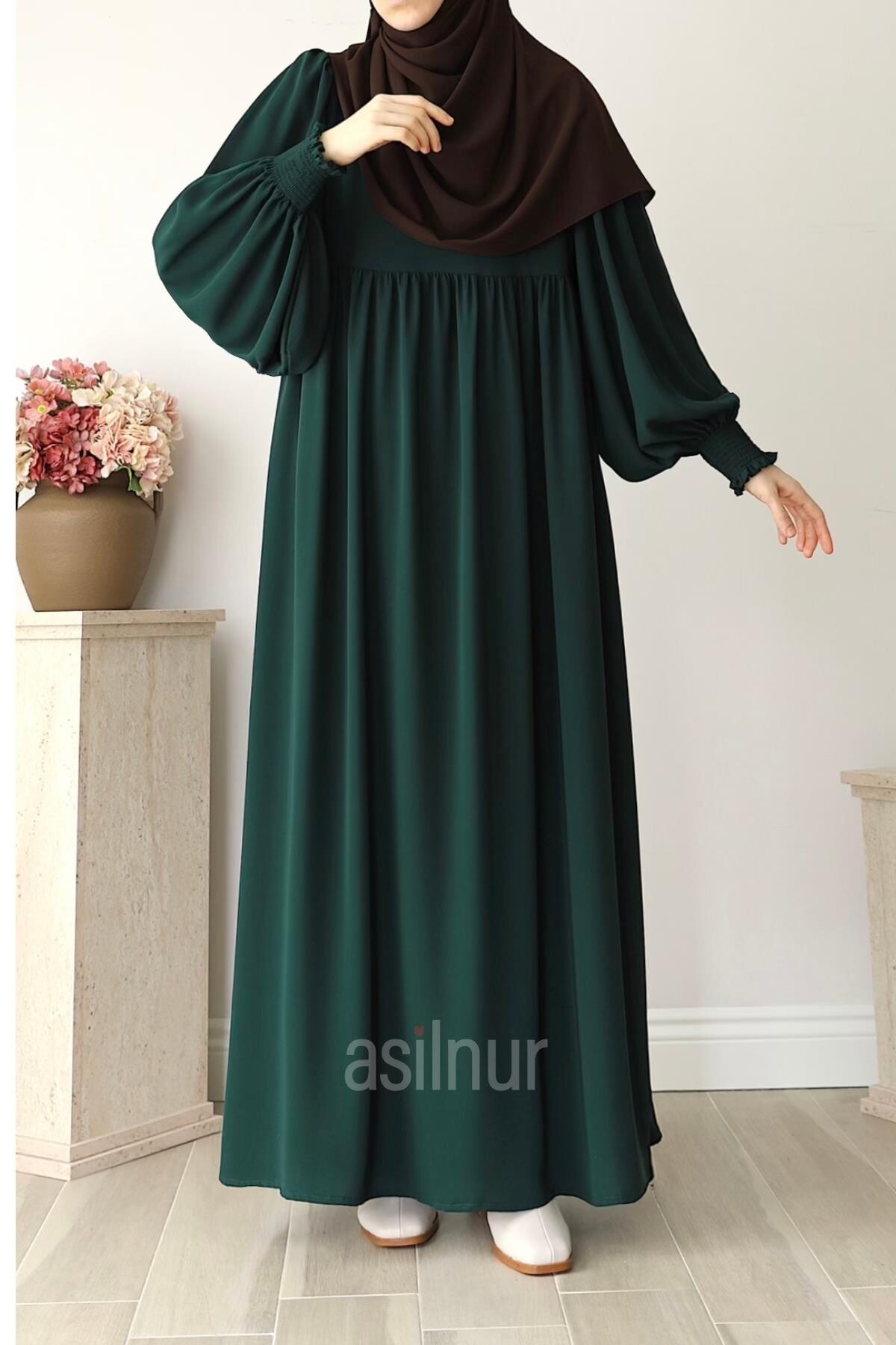 Rana Balon Kol Elbise Zümrüt Yeşili - ASİLNUR