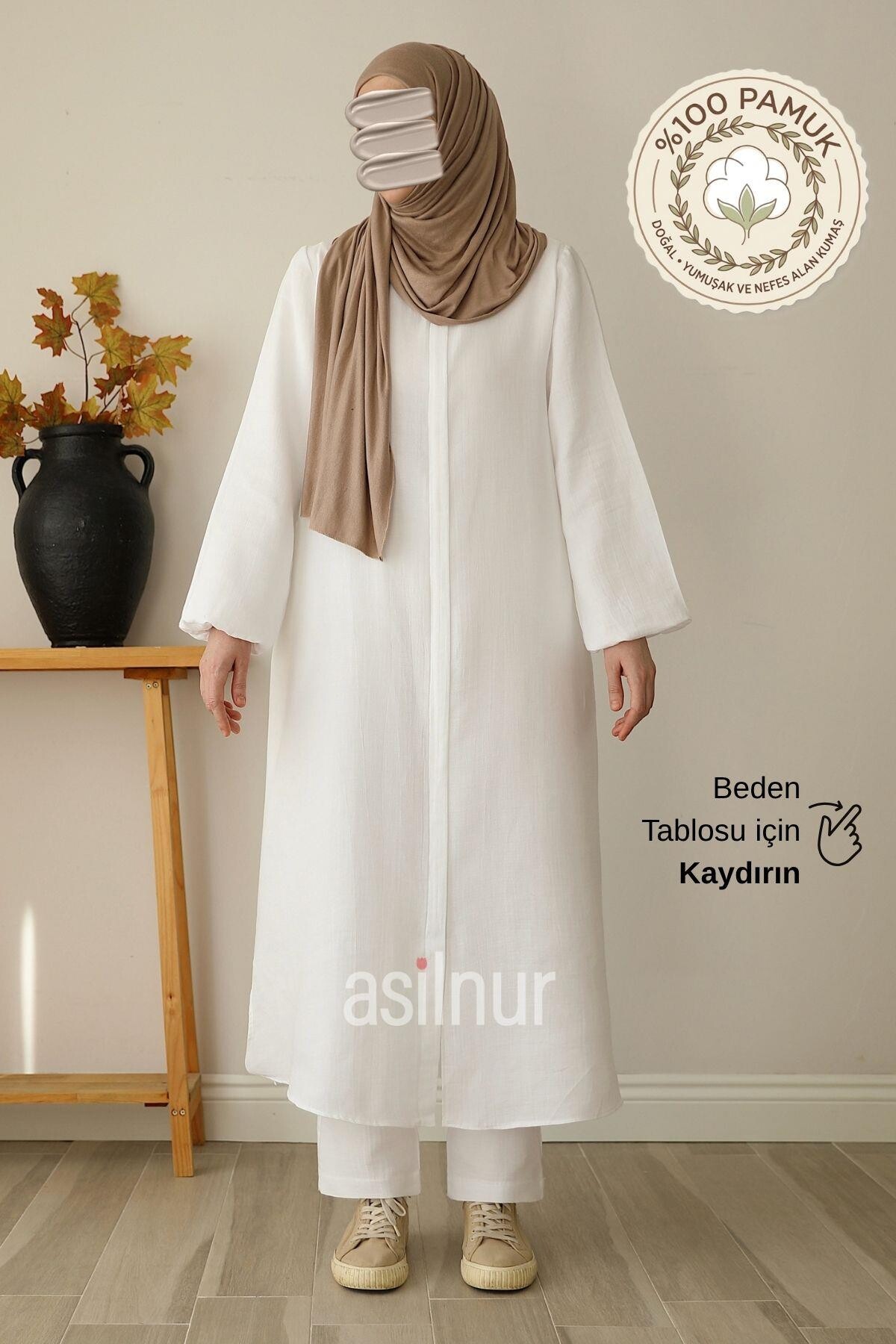 Sahra Bayan %100 Pamuklu Müslin Umre Ve Hac İkili Takım Ekru - ASİLNUR