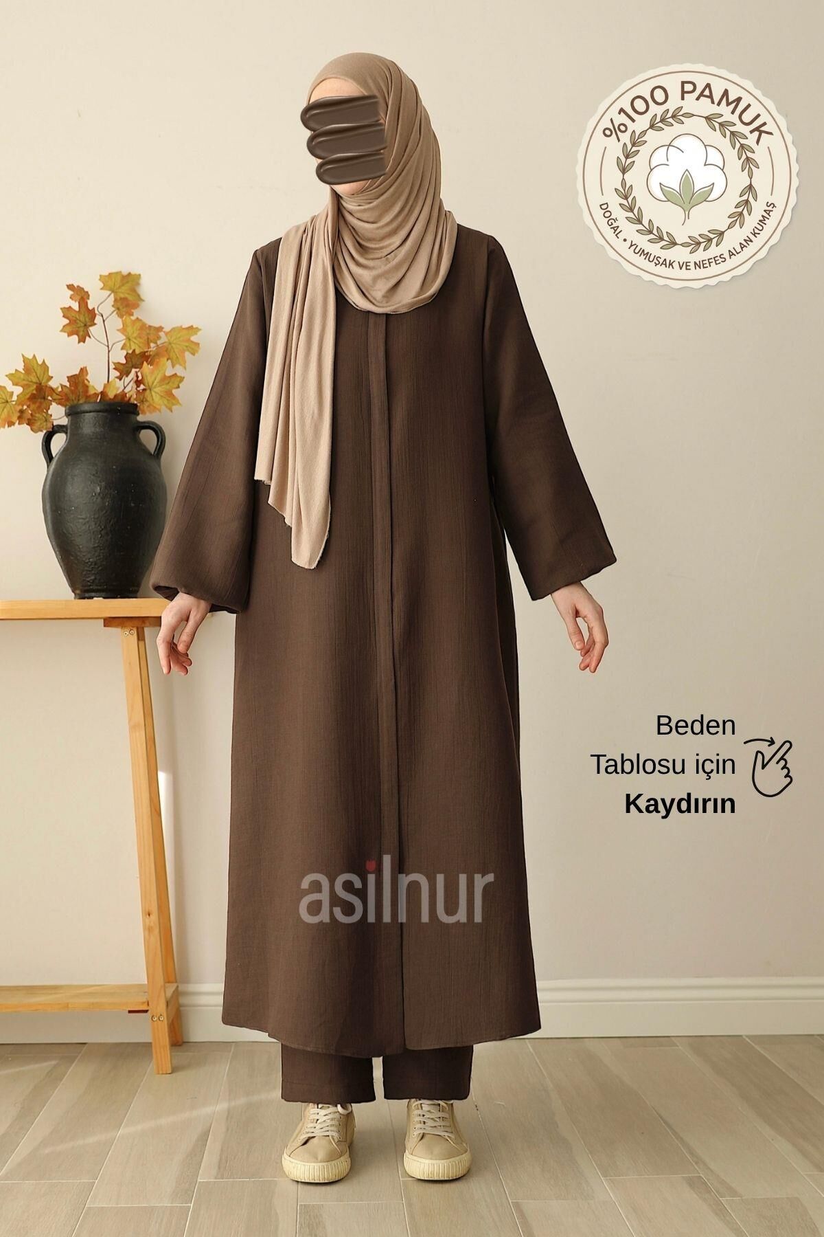 Sahra Bayan %100 Pamuklu Müslin Umre Ve Hac İkili Takım Kahverengi - 1