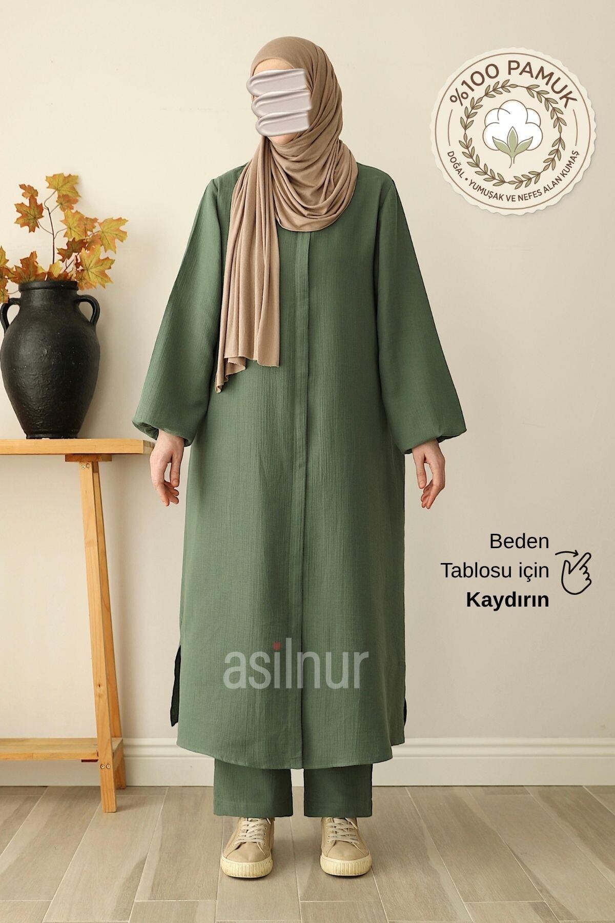 Sahra Bayan %100 Pamuklu Müslin Umre Ve Hac İkili Takım Medine Yeşili - ASİLNUR