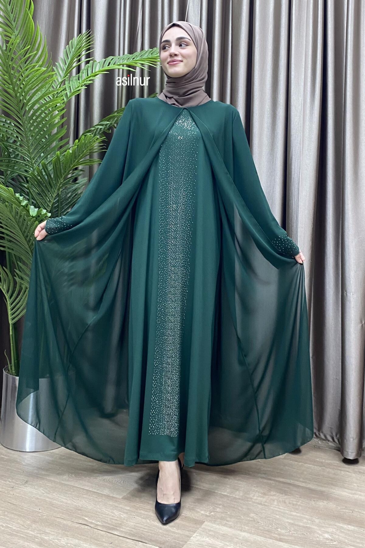 Sedef Şifonlu Taşlı Elbise Zümrüt Yeşili - ASİLNUR
