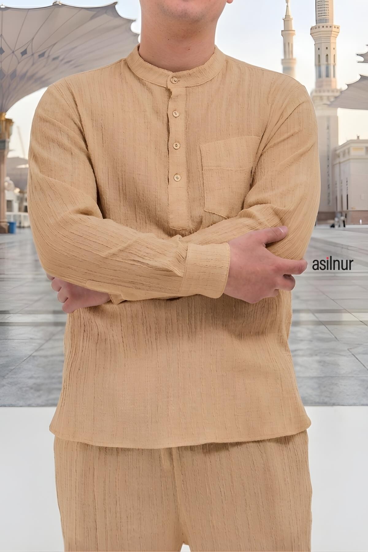 Sefa Erkek Hac ve Umre Kıyafeti İkili Takım Bej - 6