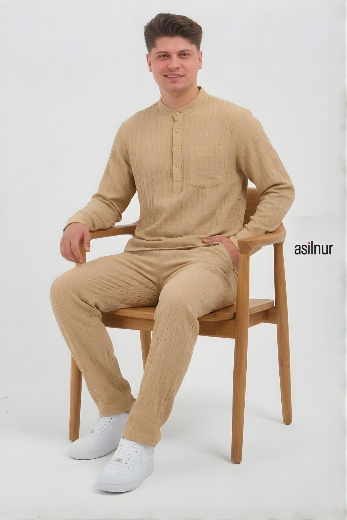 Sefa Erkek Hac ve Umre Kıyafeti İkili Takım Bej - 4