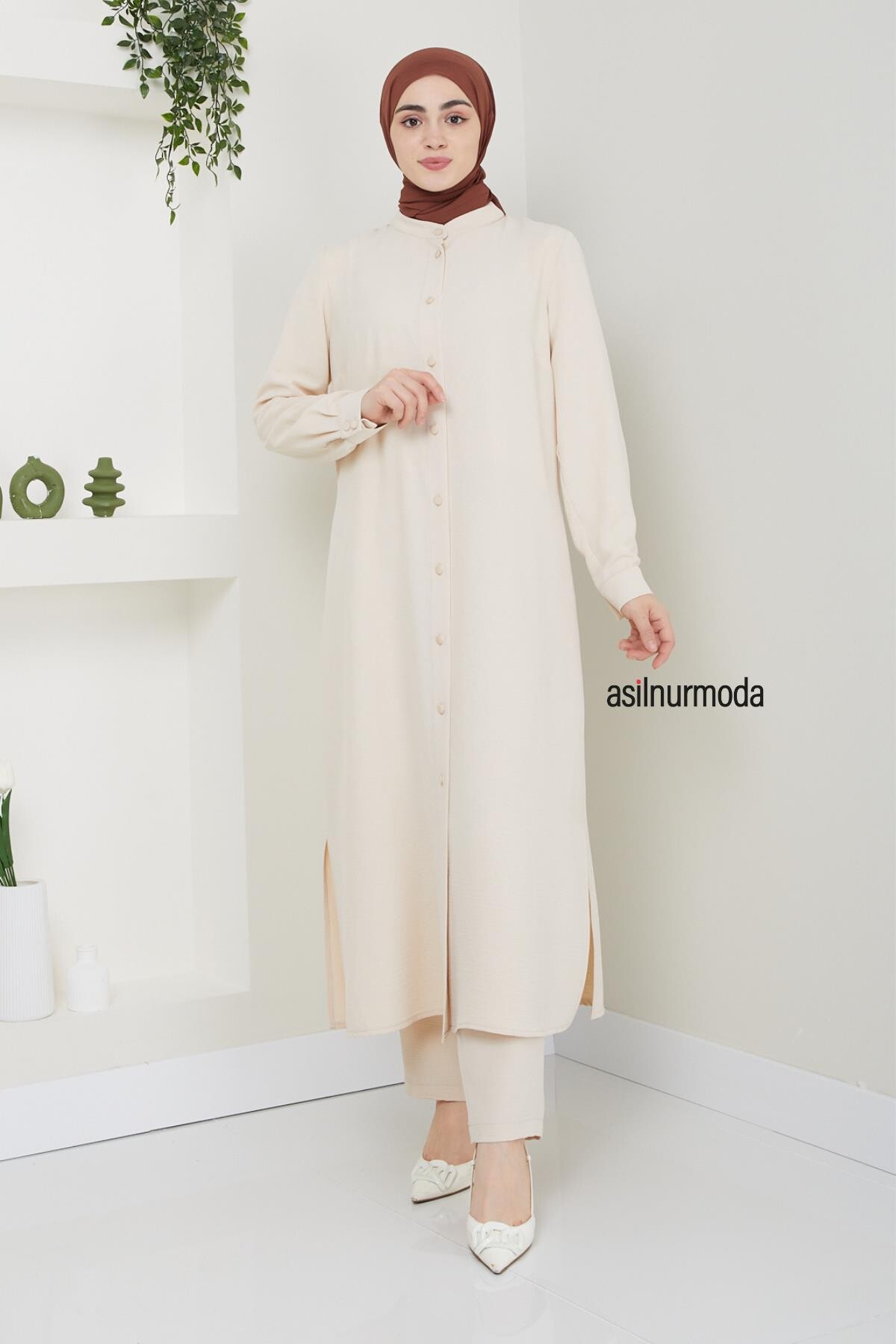 Sena Ayrobin Düğmeli İkili Takım Bej - ASİLNUR