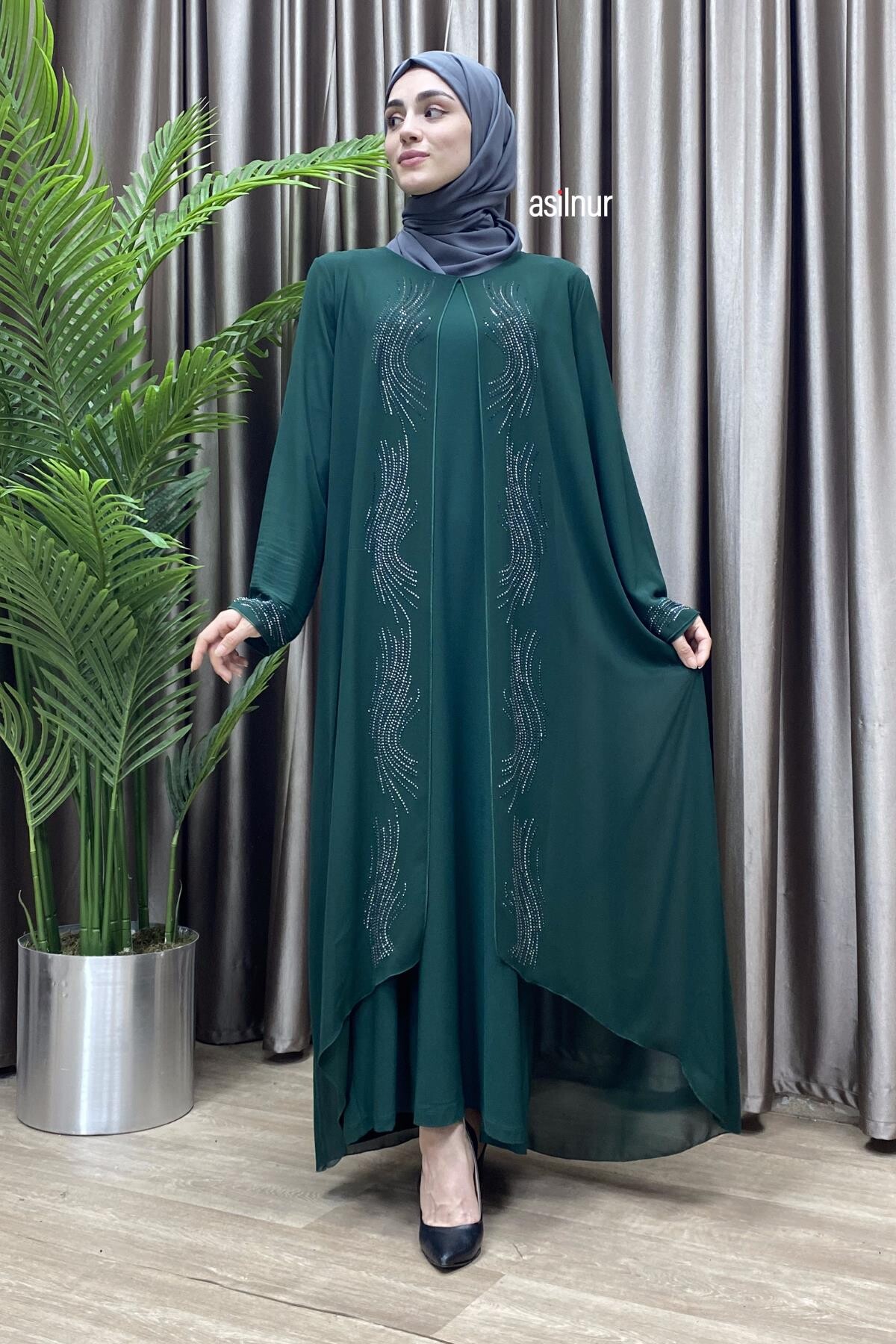 Sevde Şifonlu Taşlı Elbise Zümrüt Yeşili - ASİLNUR
