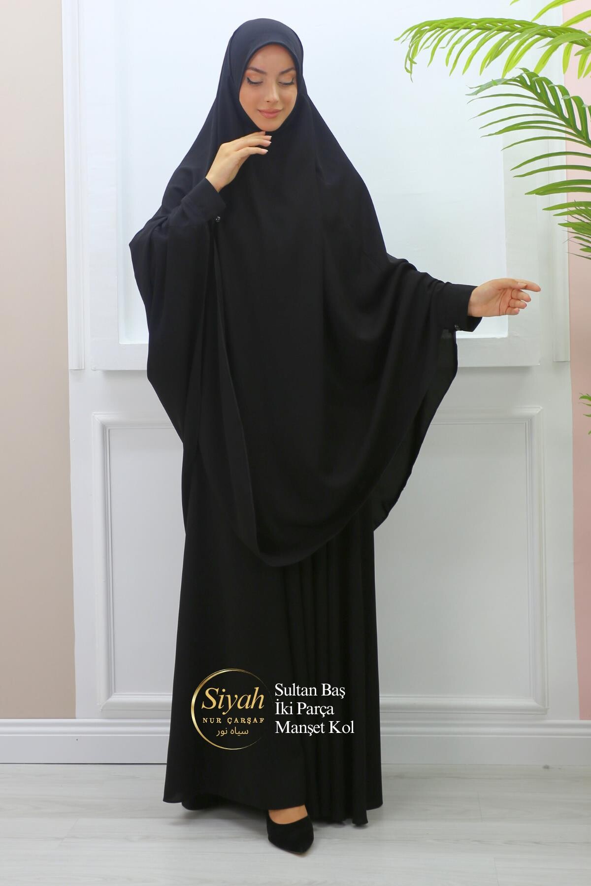 Sultan Baş İki Parça Manşet Kol Medine İpeği Çarşaf Siyah - SİYAH NUR
