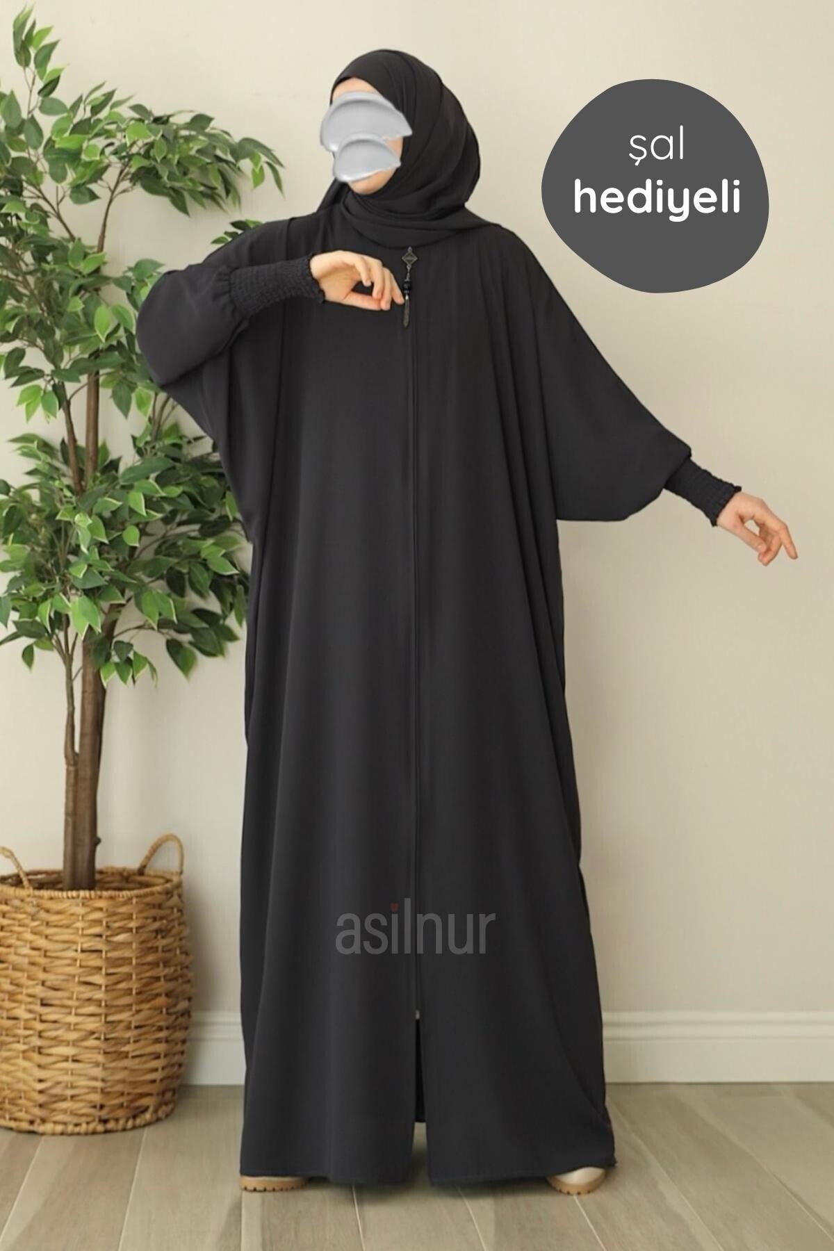 Ebru Yarasa Kollu Ferace Şal Hediyeli Takım Füme 