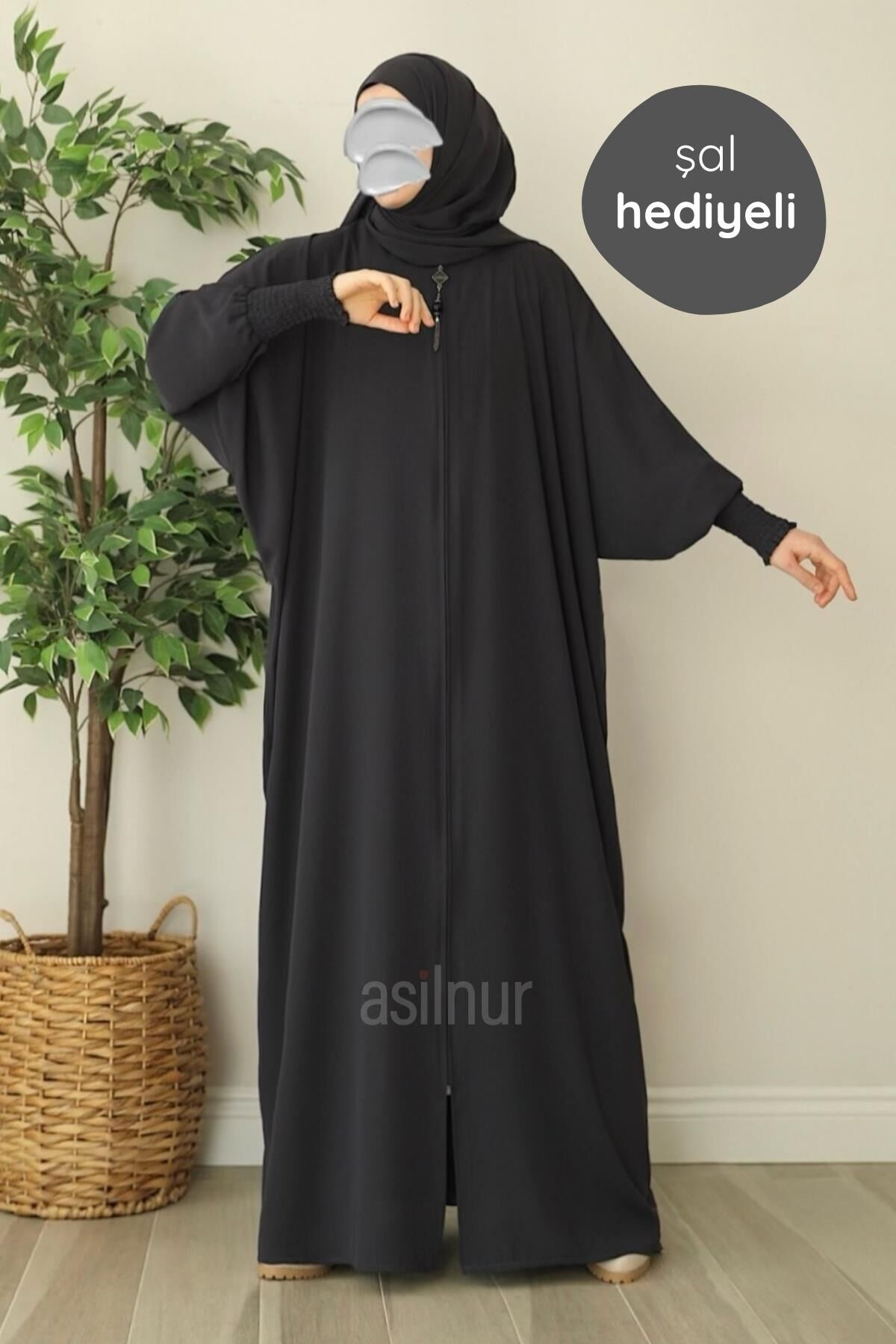 Ebru Yarasa Kollu Ferace Şal Hediyeli Takım Füme - 1