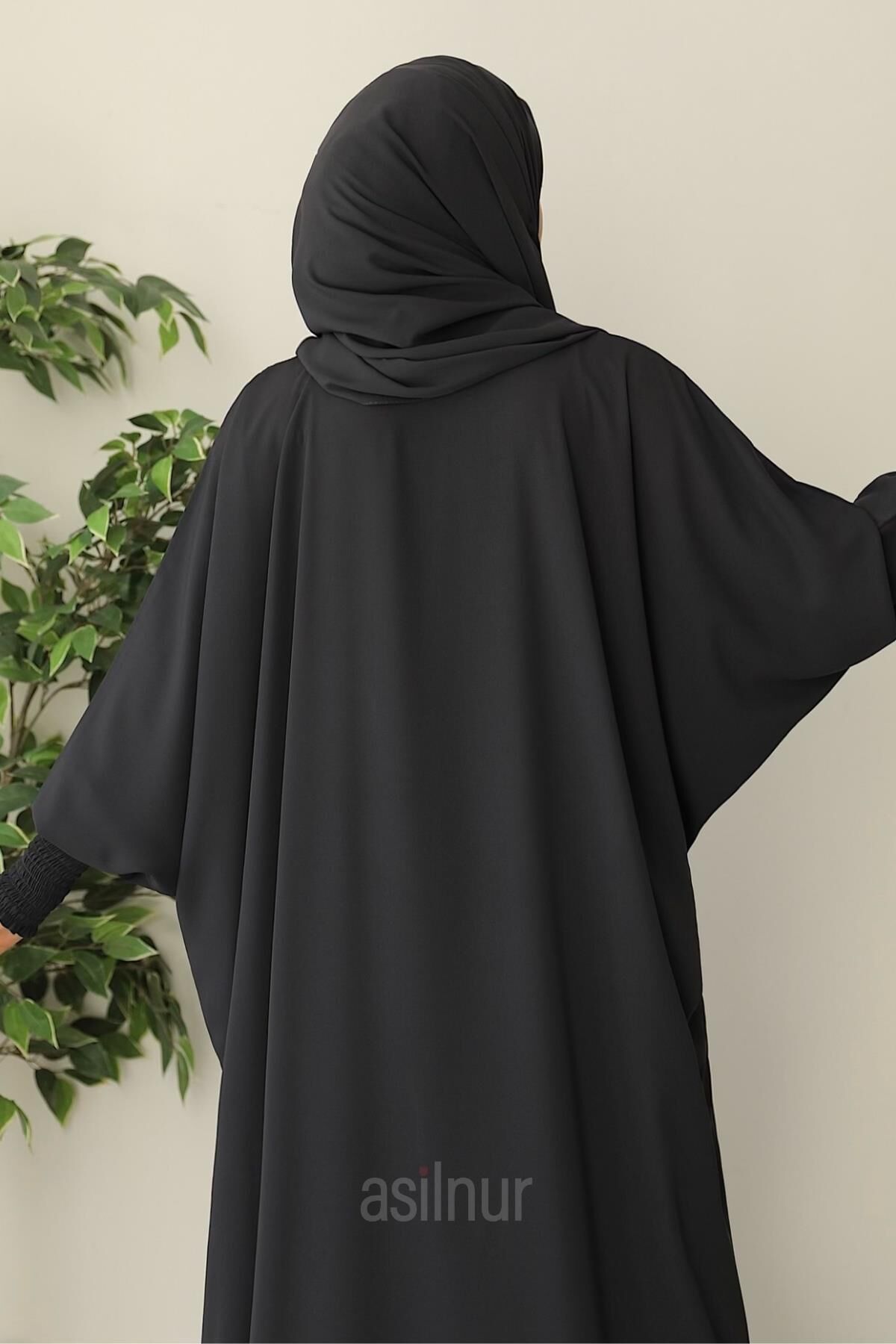 Ebru Yarasa Kollu Ferace Şal Hediyeli Takım Füme - 3