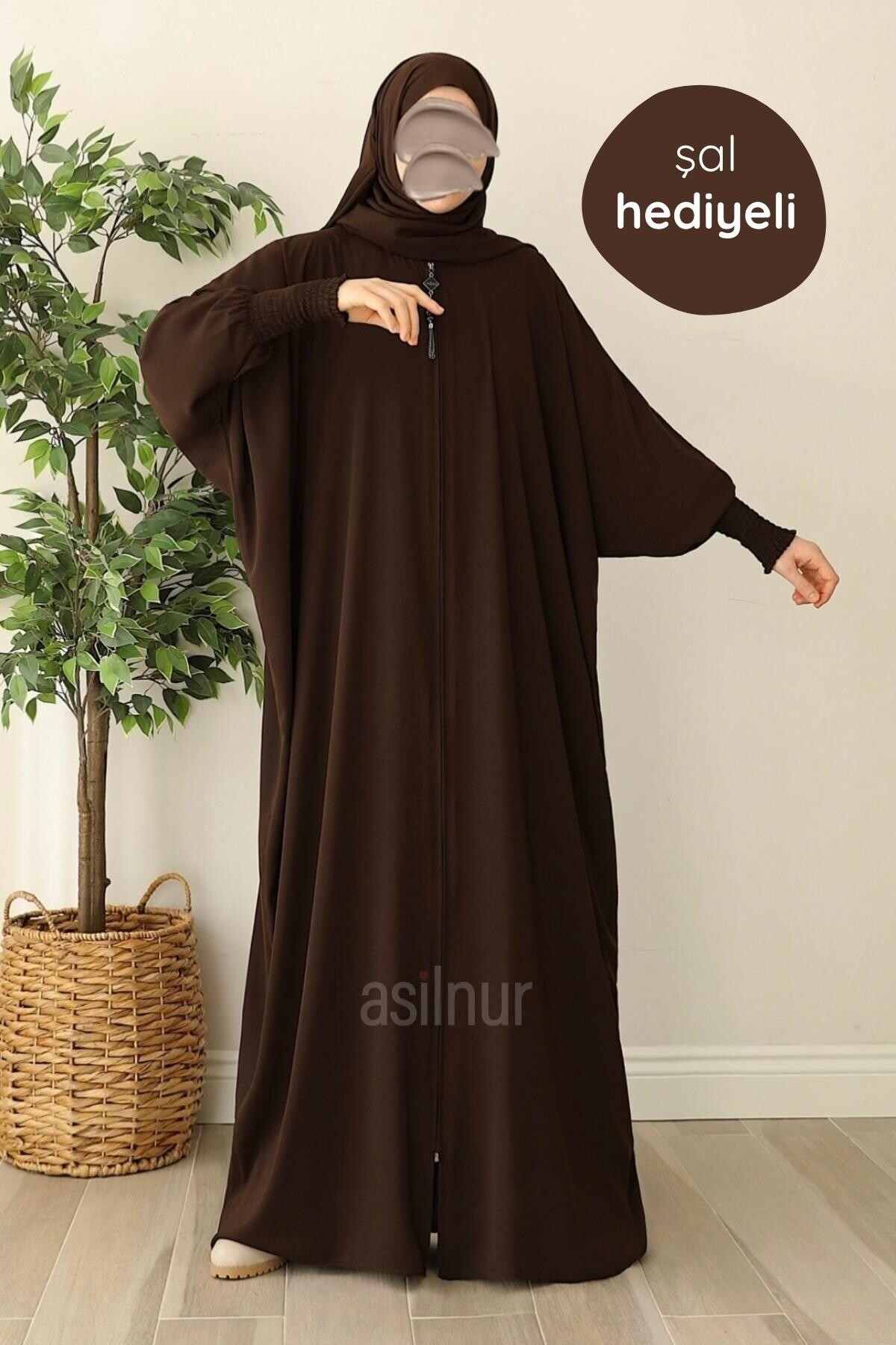 Ebru Yarasa Kollu Ferace Şal Hediyeli Takım Kahverengi - ASİLNUR