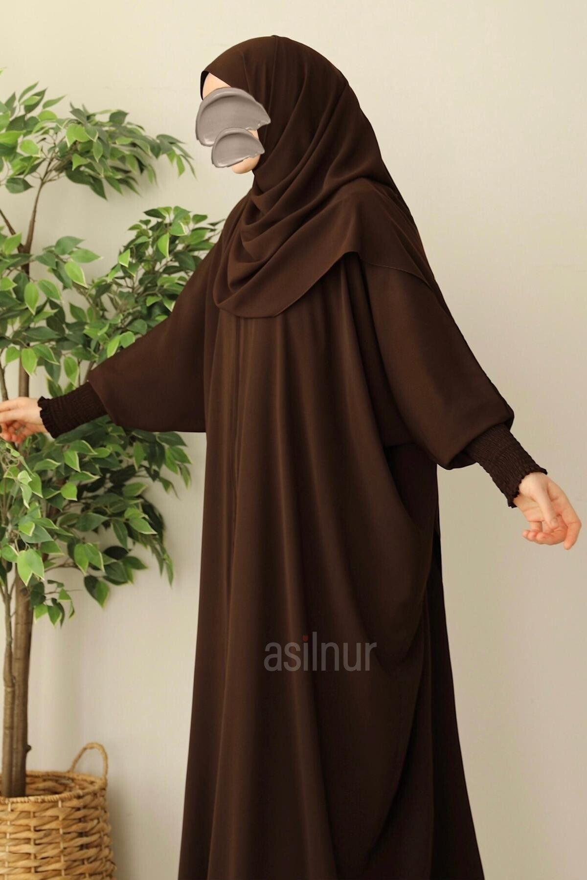 Ebru Yarasa Kollu Ferace Şal Hediyeli Takım Kahverengi - 2