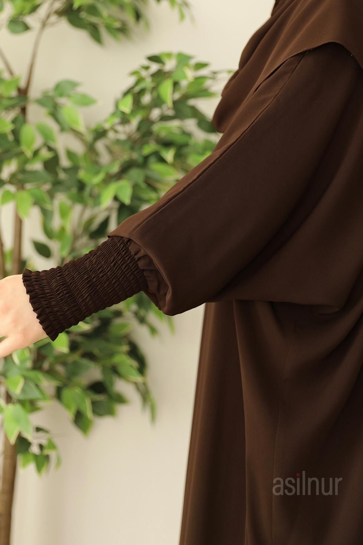 Ebru Yarasa Kollu Ferace Şal Hediyeli Takım Kahverengi - 3