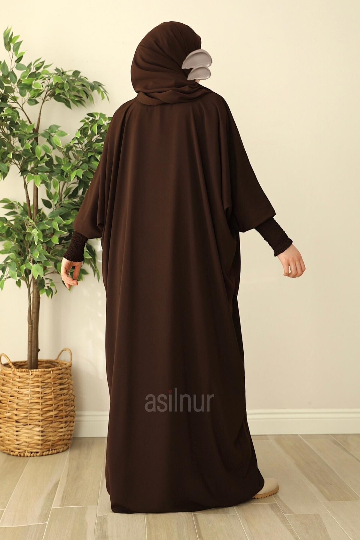 Ebru Yarasa Kollu Ferace Şal Hediyeli Takım Kahverengi - 6