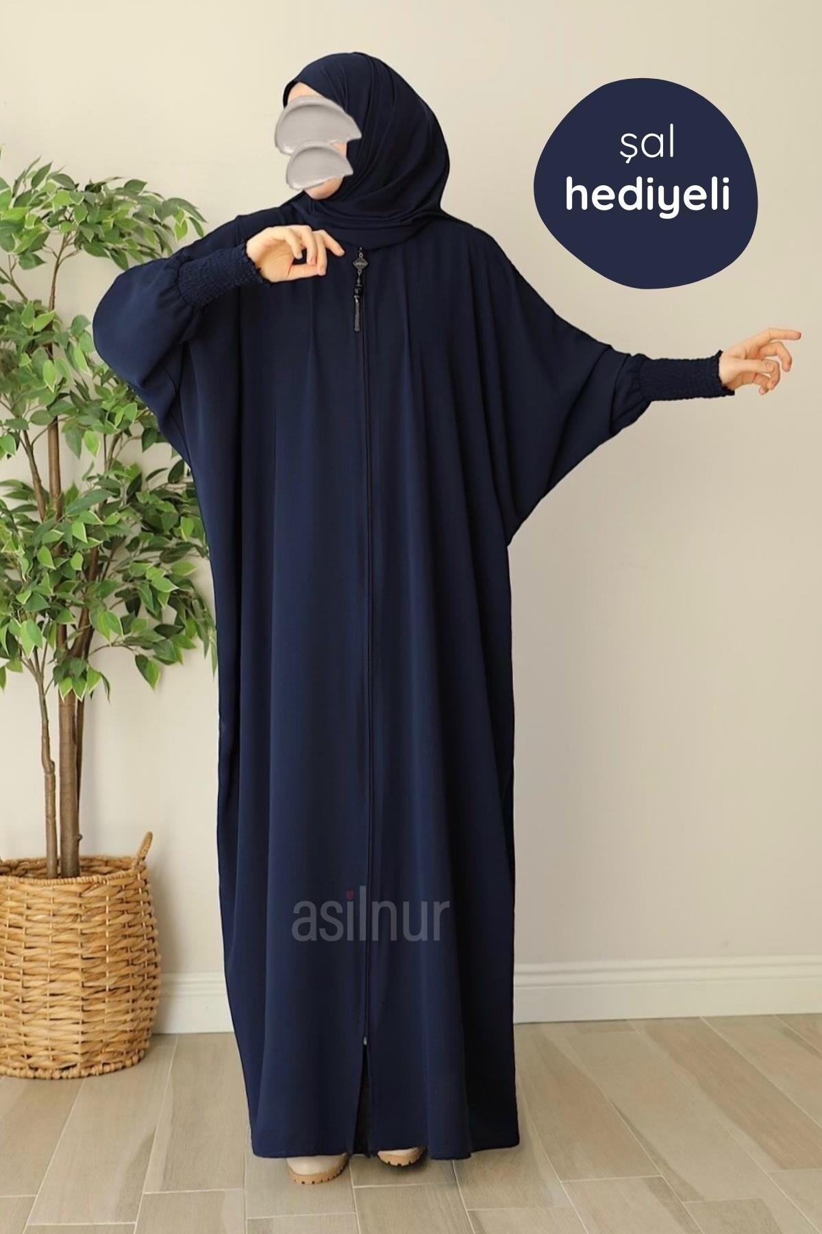 Ebru Yarasa Kollu Ferace Şal Hediyeli Takım Lacivert - ASİLNUR