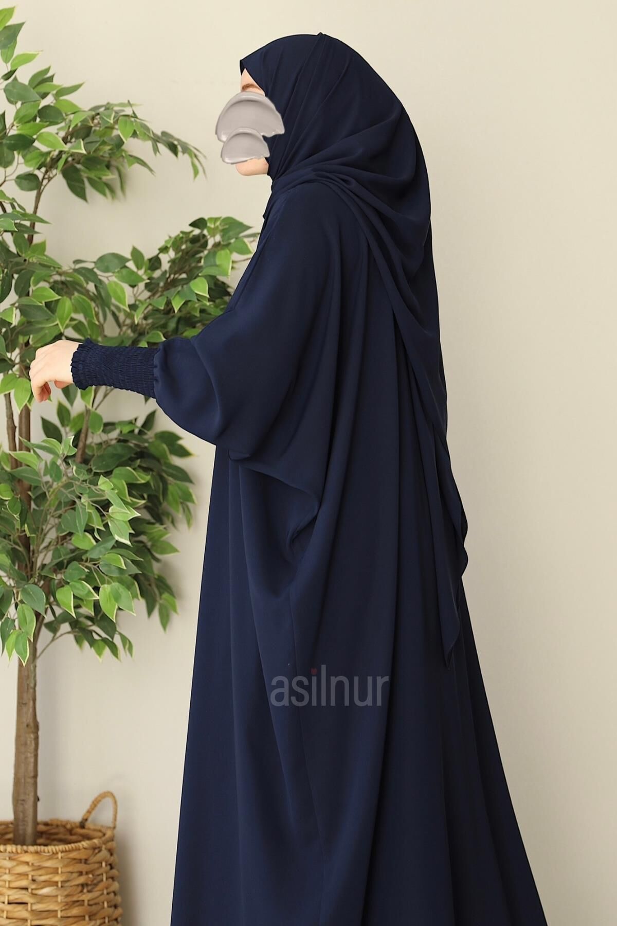 Ebru Yarasa Kollu Ferace Şal Hediyeli Takım Lacivert - 6