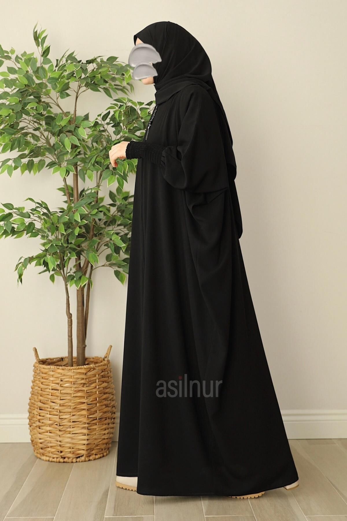 Ebru Yarasa Kollu Ferace Siyah - 4