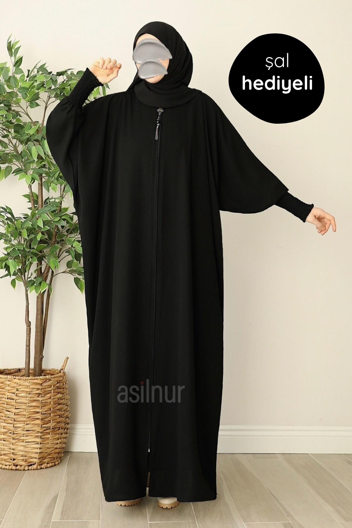 Ebru Yarasa Kollu Ferace Şal Hediyeli Takım Siyah - ASİLNUR