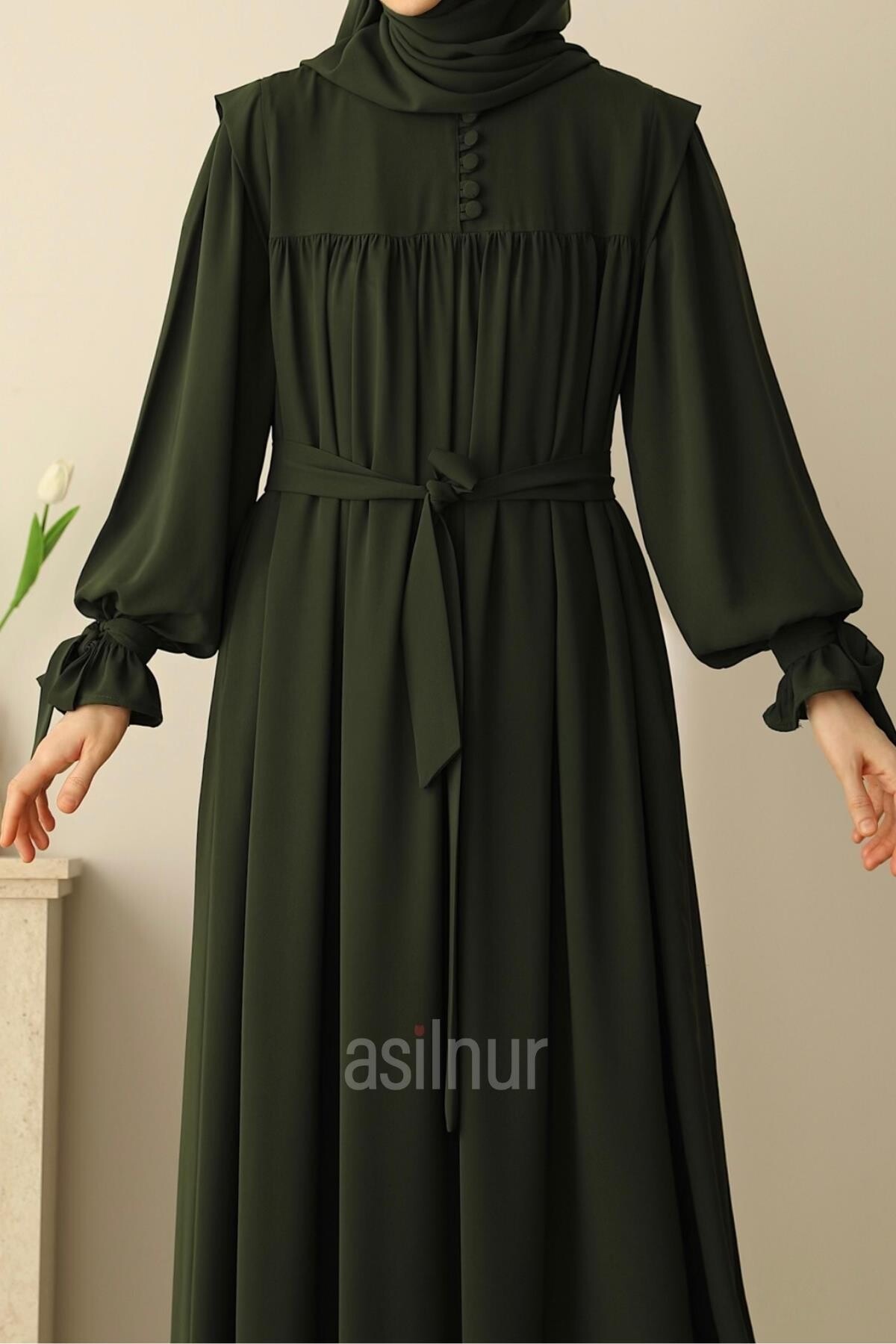 Zeynep Kol Bağlamalı Elbise Haki - 4